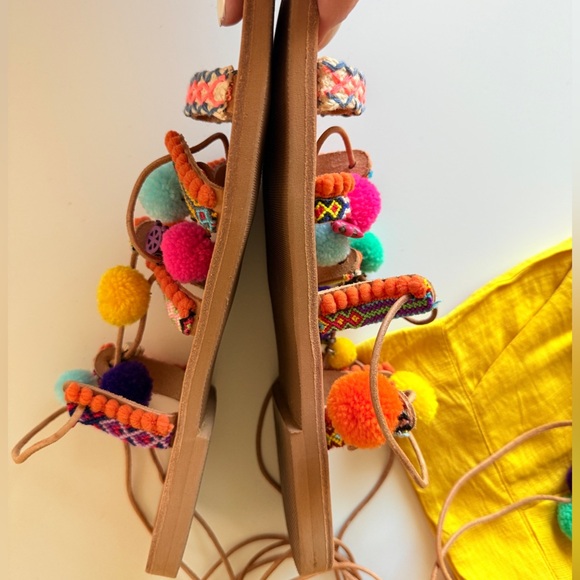 Ammos Genuine Leather Greece Pom Friendship Charm Gladiator Wrap Sandal Size 7 - Picture 2 of 15